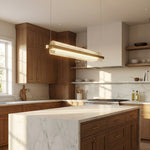 Close-up of acrylic ribbed glass linear pendant with antique brass canopy — Yiosi Ribbon