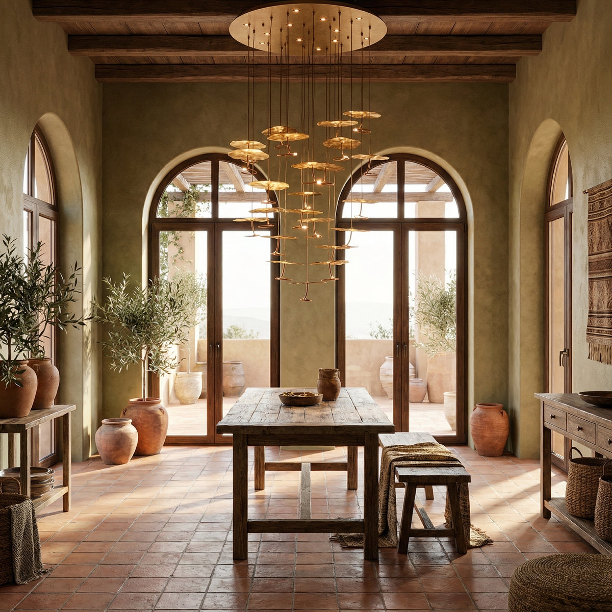 Yiosi Cascading Copper flush mount ceiling chandelier over rustic Mediterranean dining table with arched terrace doors and olive trees