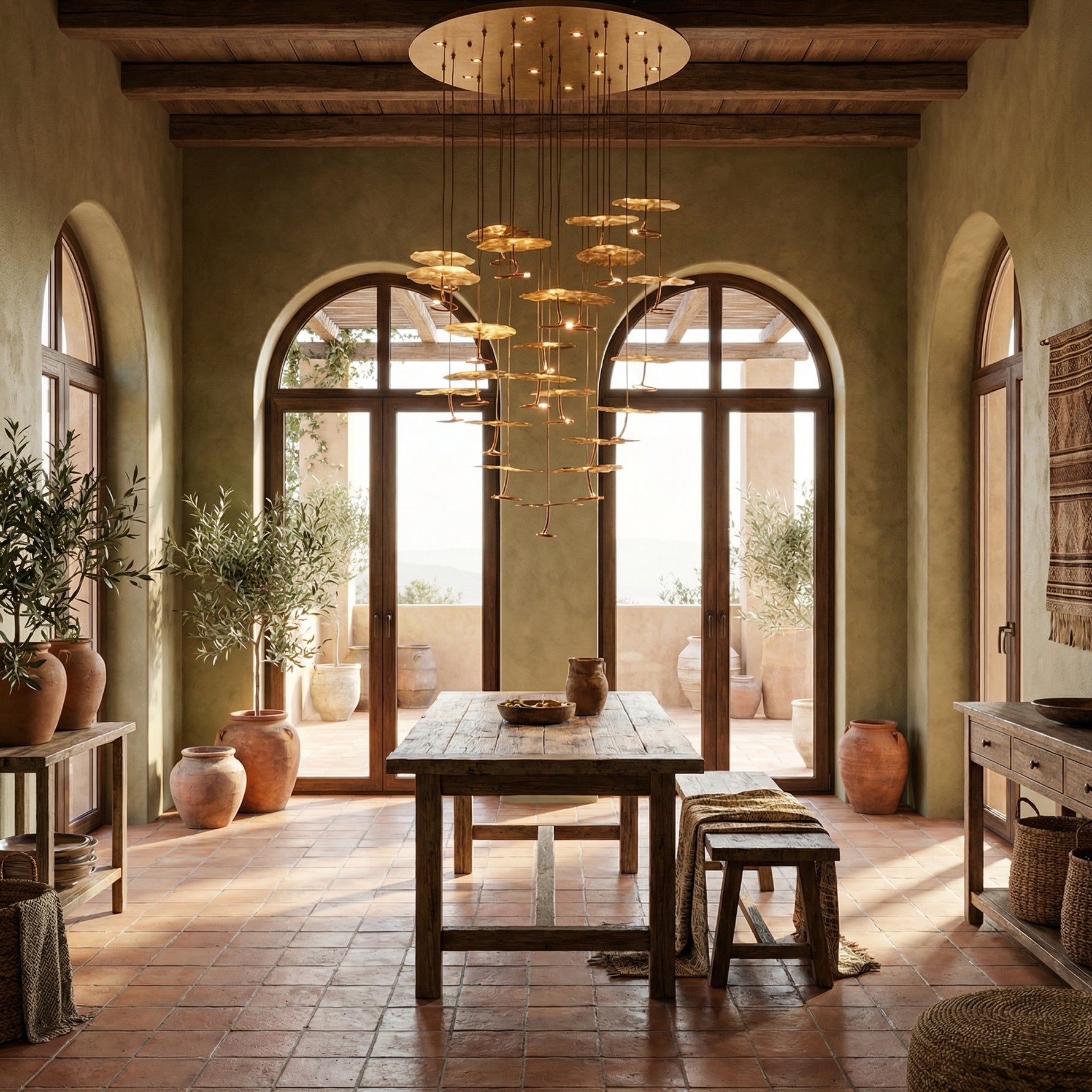 Yiosi Cascading Copper flush mount ceiling chandelier over rustic Mediterranean dining table with arched terrace doors and olive trees