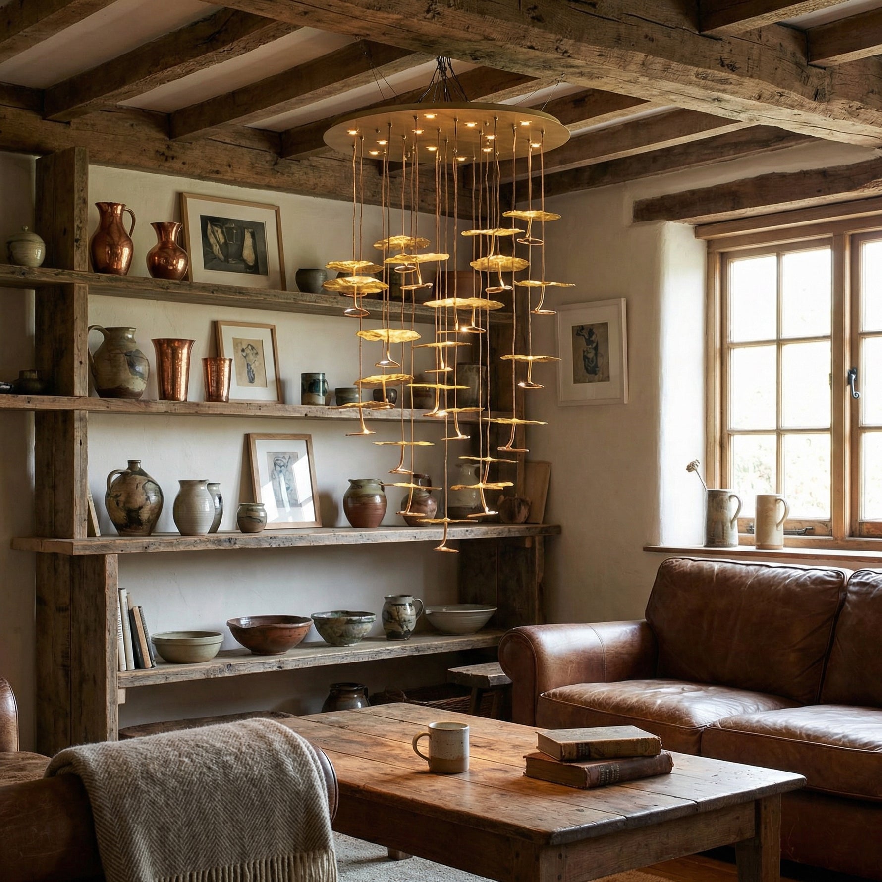 Yiosi Cascading Copper flush mount ceiling chandelier in rustic cottage living room with exposed wood beams and pottery shelf