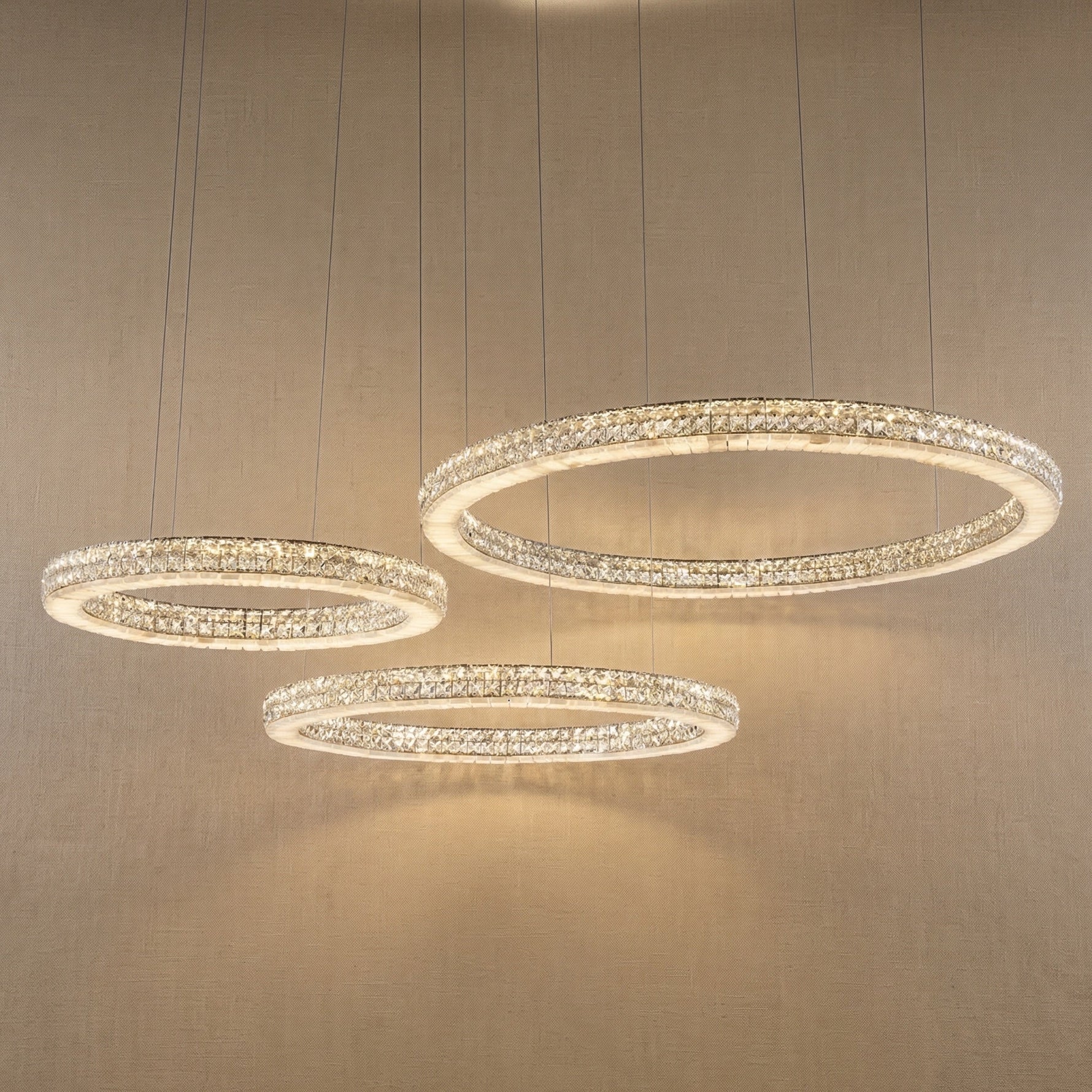 Yiosi Vera 3-tier nested crystal & alabaster chandelier with chrome finish — modern dining pendant