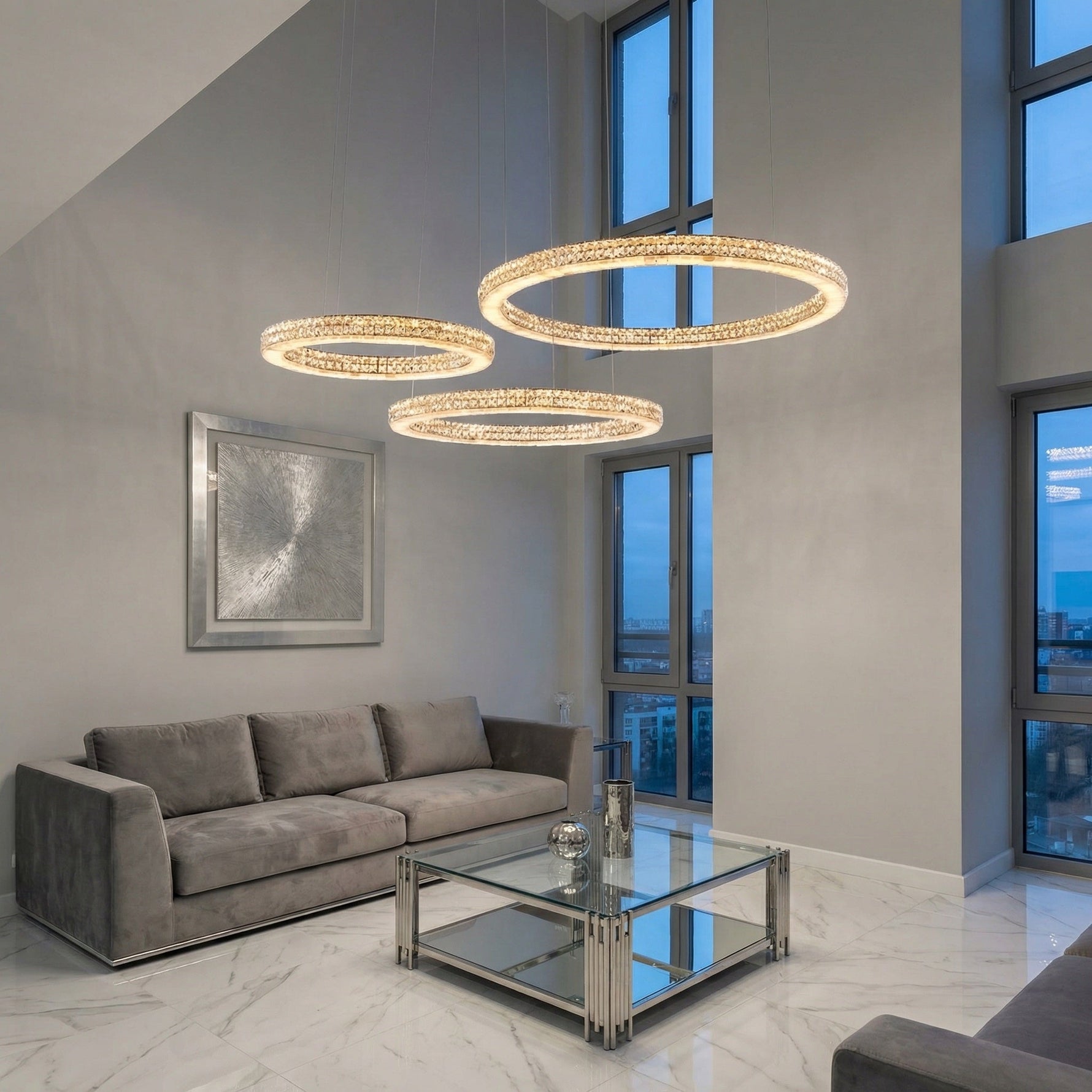 Modern dining room 3-tier crystal & alabaster chandelier over dining table — Yiosi Vera chrome
