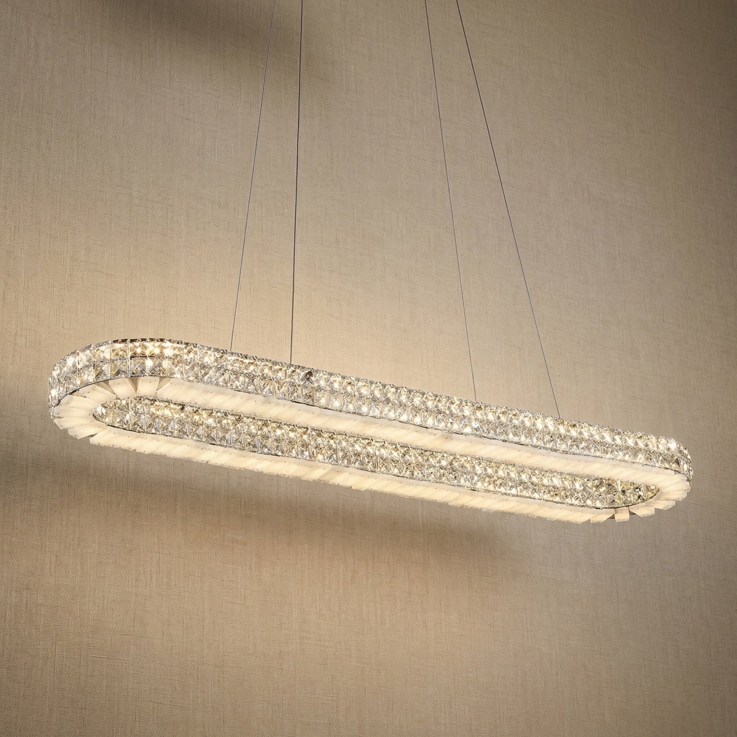 Yiosi Vera 47 inch oval crystal & alabaster chandelier with chrome finish — modern dining pendant