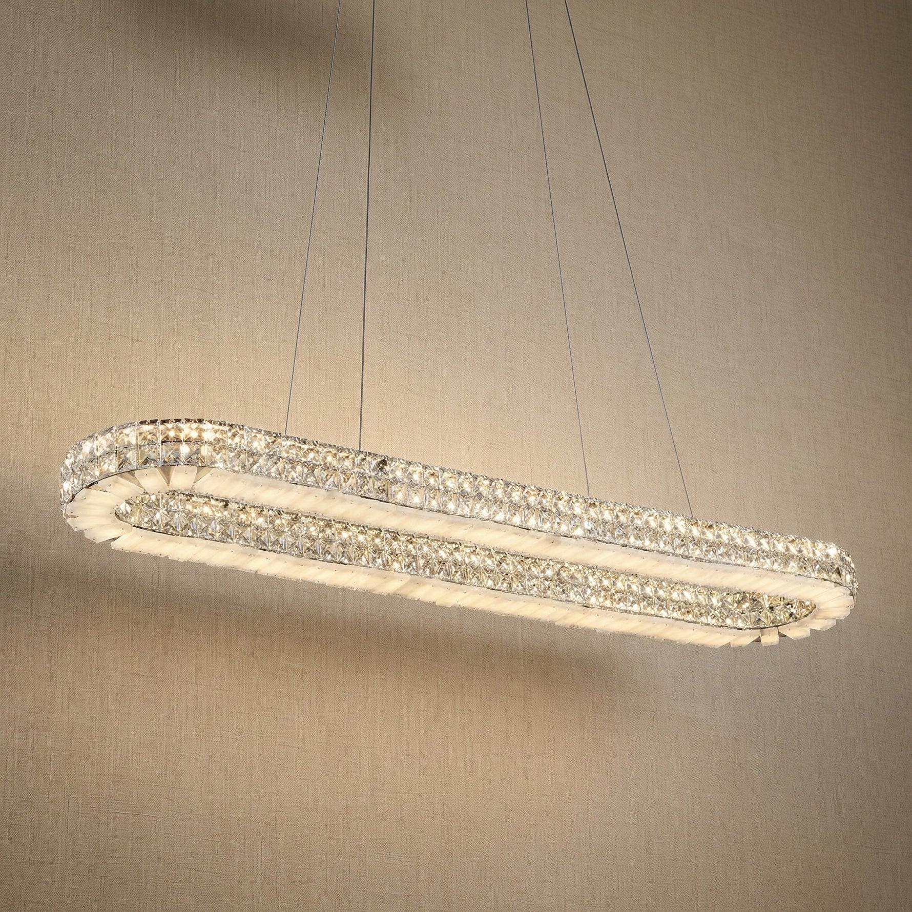 Yiosi Vera 47 inch oval crystal & alabaster chandelier with chrome finish — modern dining pendant