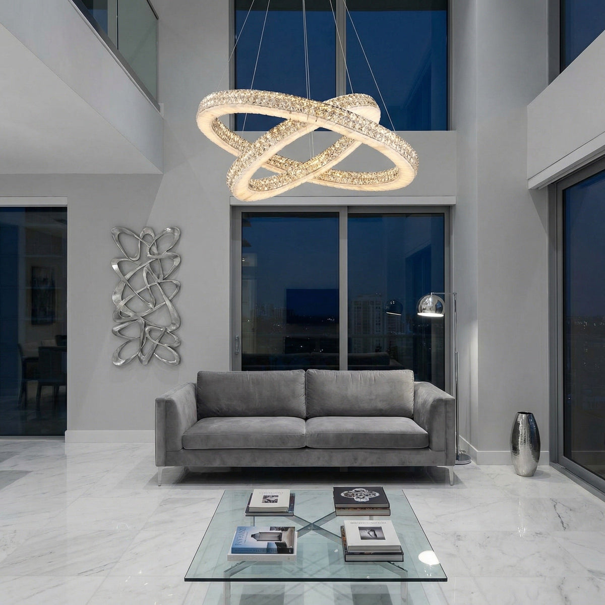 Modern dining room 2-tier crystal & alabaster chandelier over dining table — Yiosi Vera chrome
