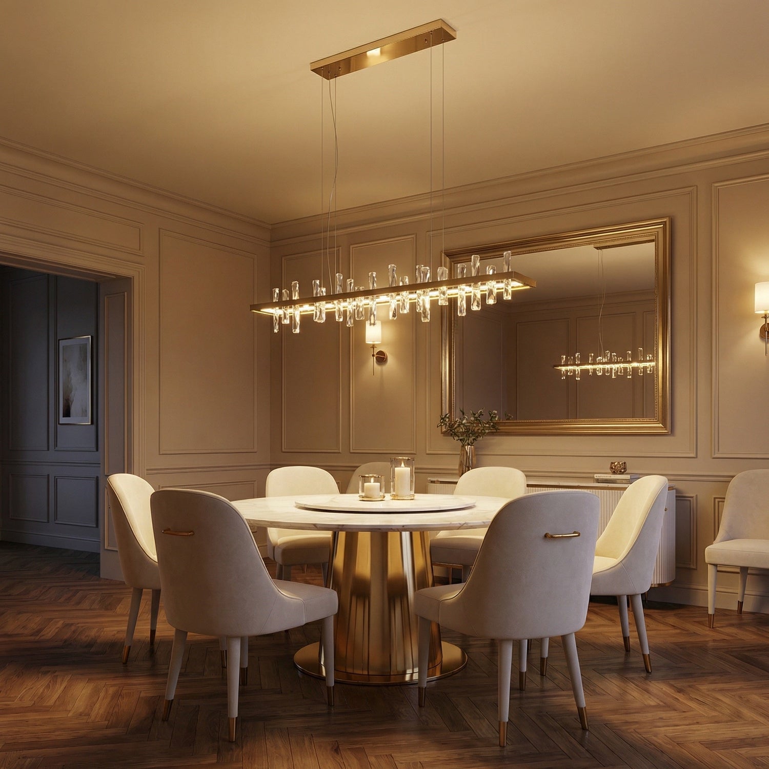 Modern dining room 47 inch Nora linear crystal pendant over dining table — Yiosi champagne gold