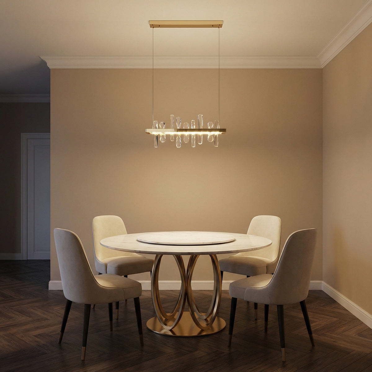 Modern kitchen 22 inch Nora linear crystal pendant — Yiosi champagne gold compact