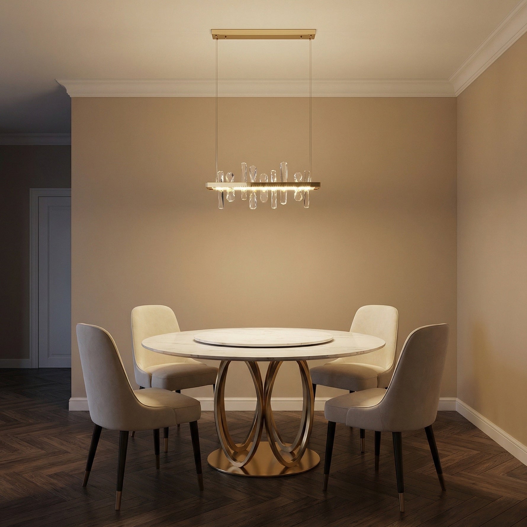 Modern kitchen 22 inch Nora linear crystal pendant — Yiosi champagne gold compact