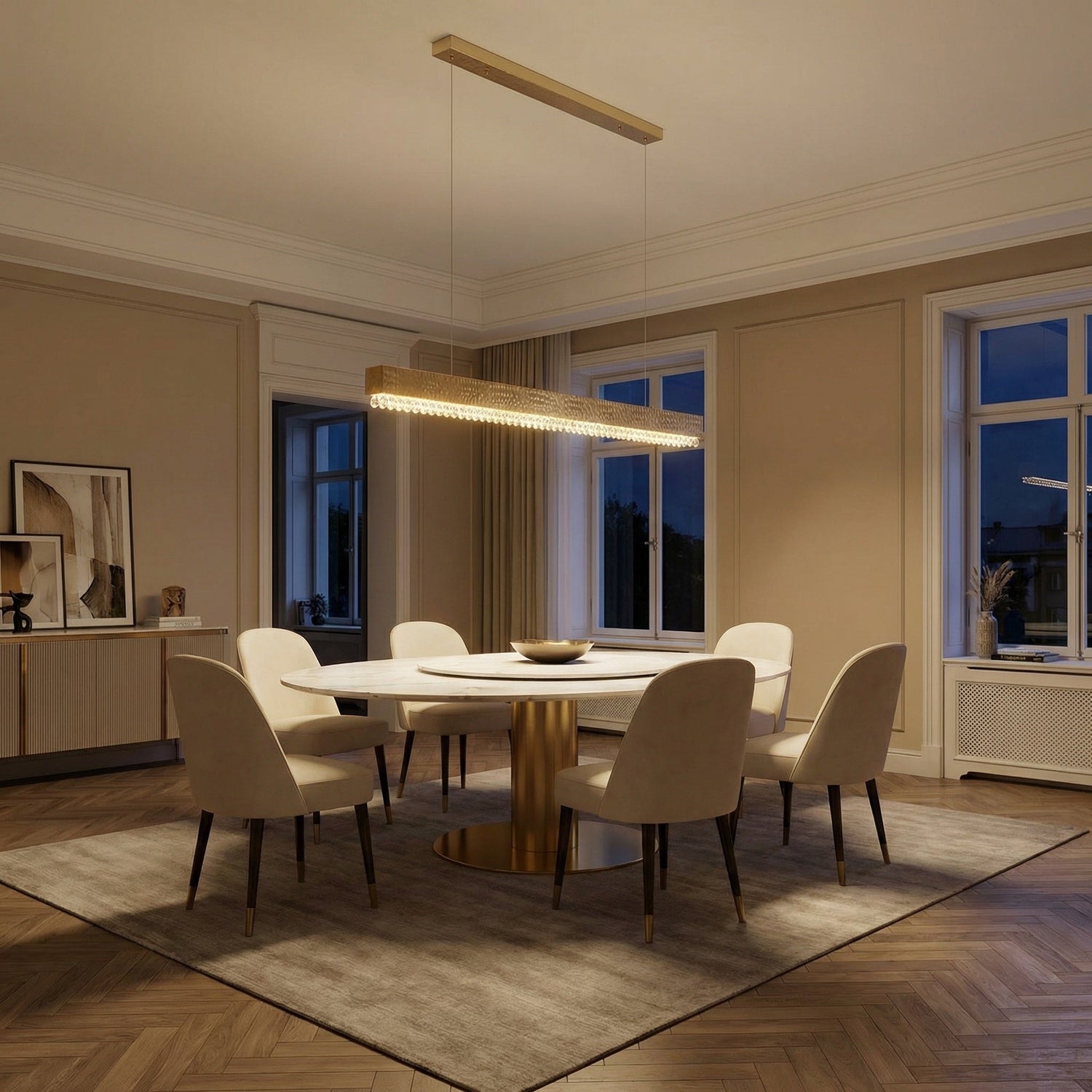 Modern dining room 43 inch linear crystal bar chandelier over wooden dining table — Yiosi Hudson chrome