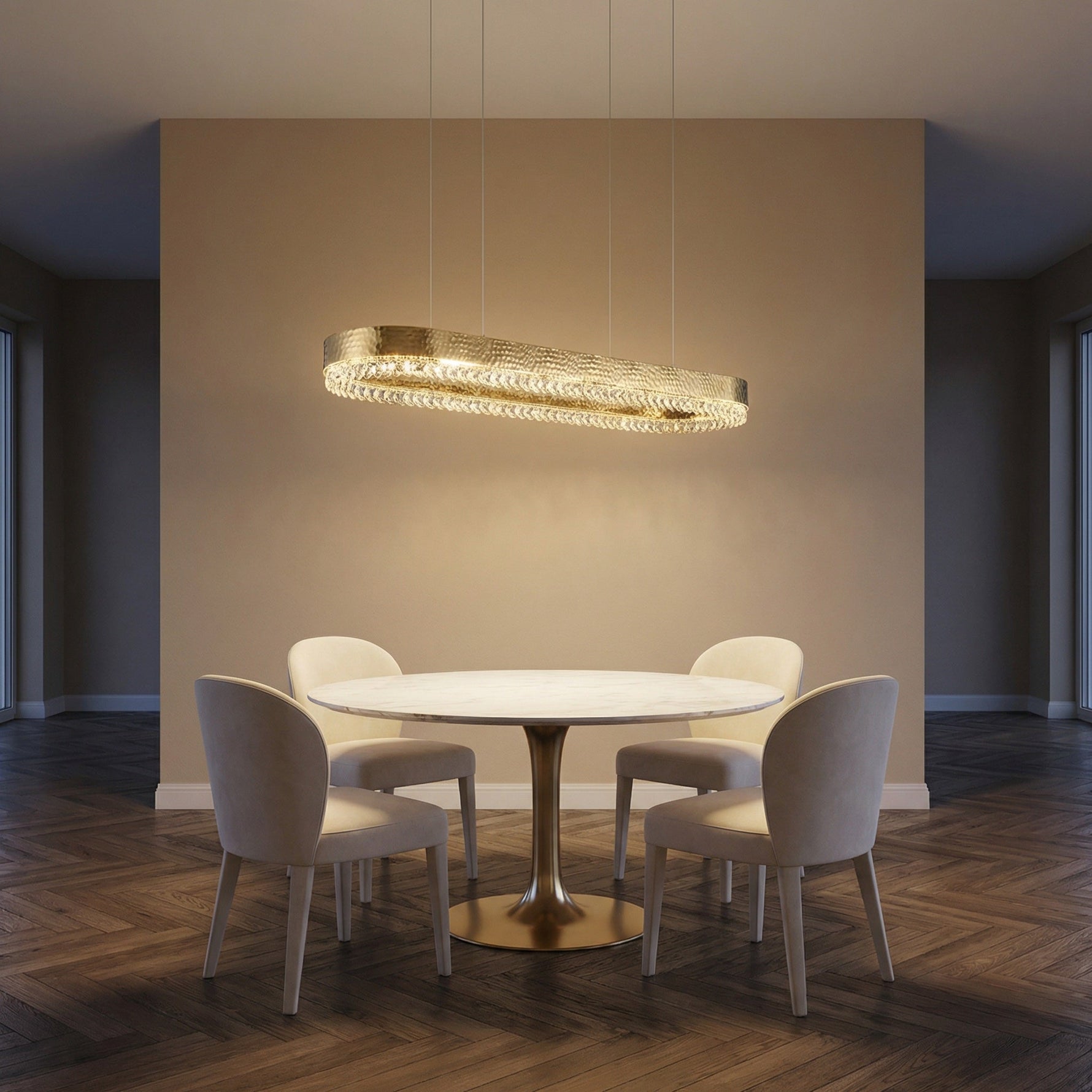Modern dining room 47 inch oval crystal chandelier over wooden dining table — Yiosi Hudson chrome