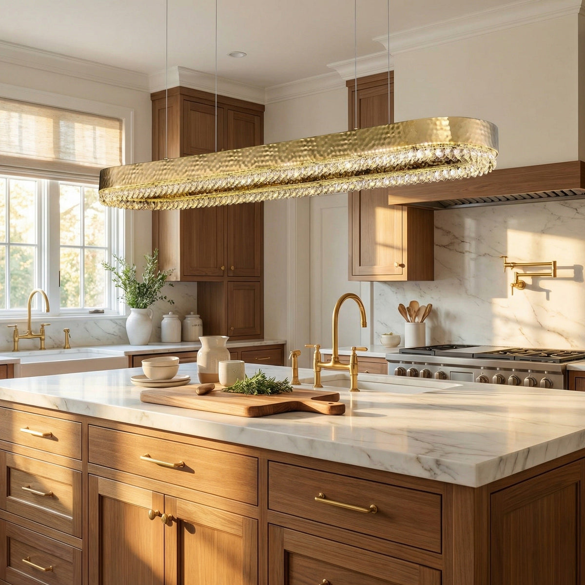 47 inch oval crystal pendant over kitchen island marble countertop — Yiosi Hudson chrome chandelier