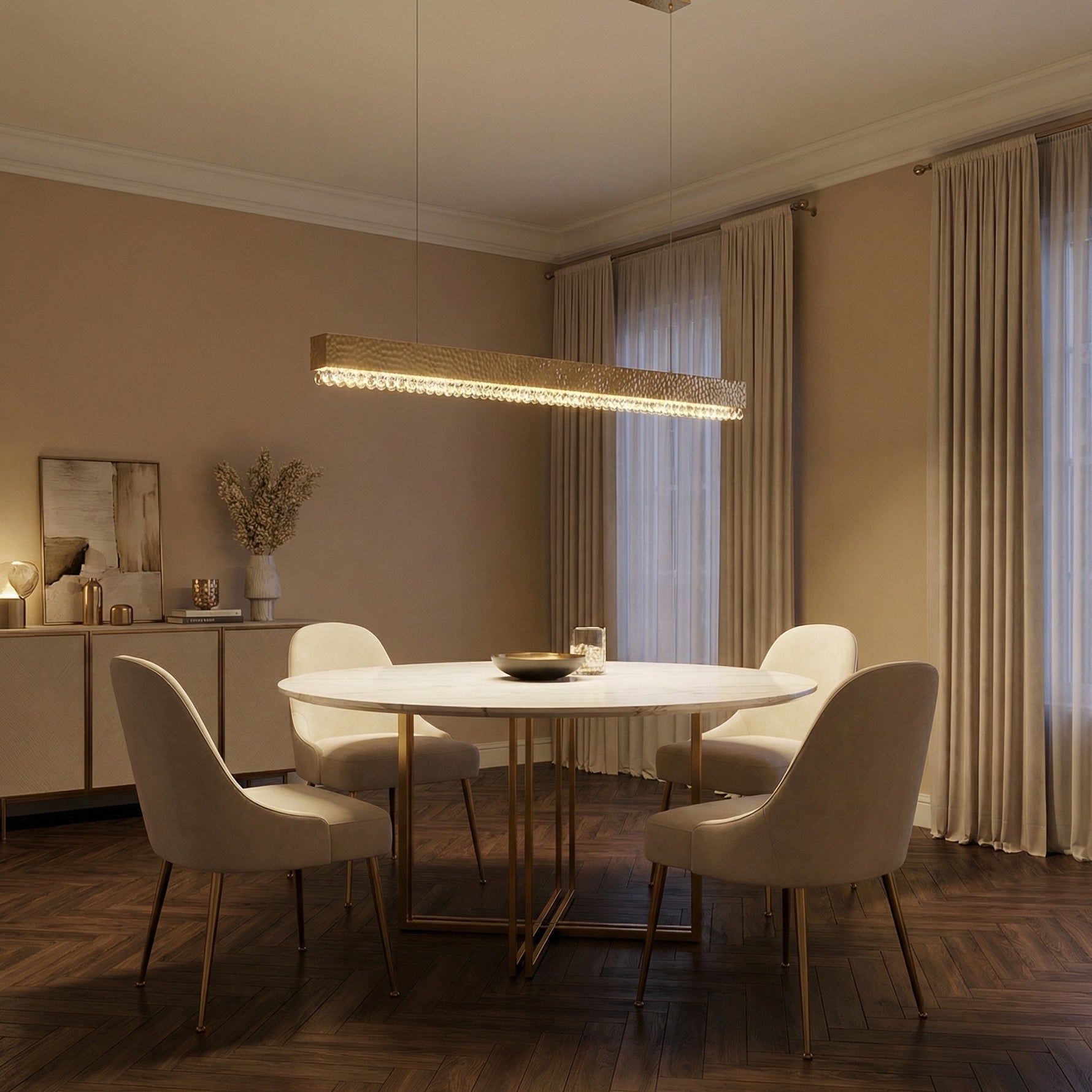 Modern dining room 50 inch linear crystal bar chandelier over long table — Yiosi Hudson chrome