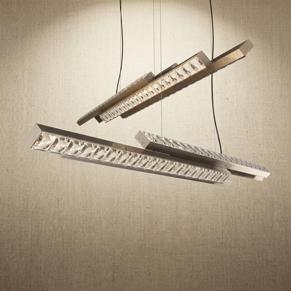 Yiosi Drake 63 inch bubble crystal linear chandelier with antique brass finish — modern dining pendant