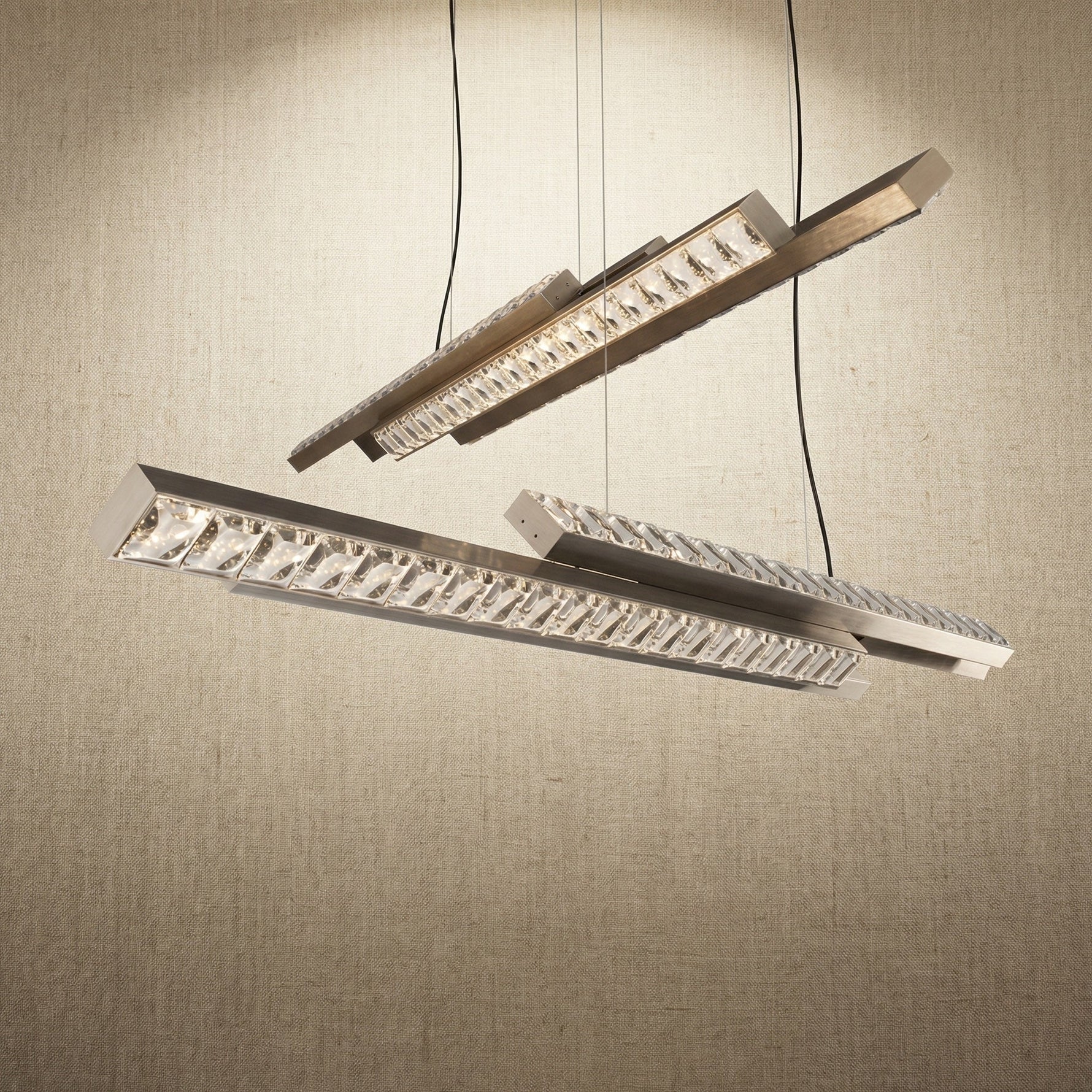 Yiosi Drake 63 inch bubble crystal linear chandelier with antique brass finish — modern dining pendant