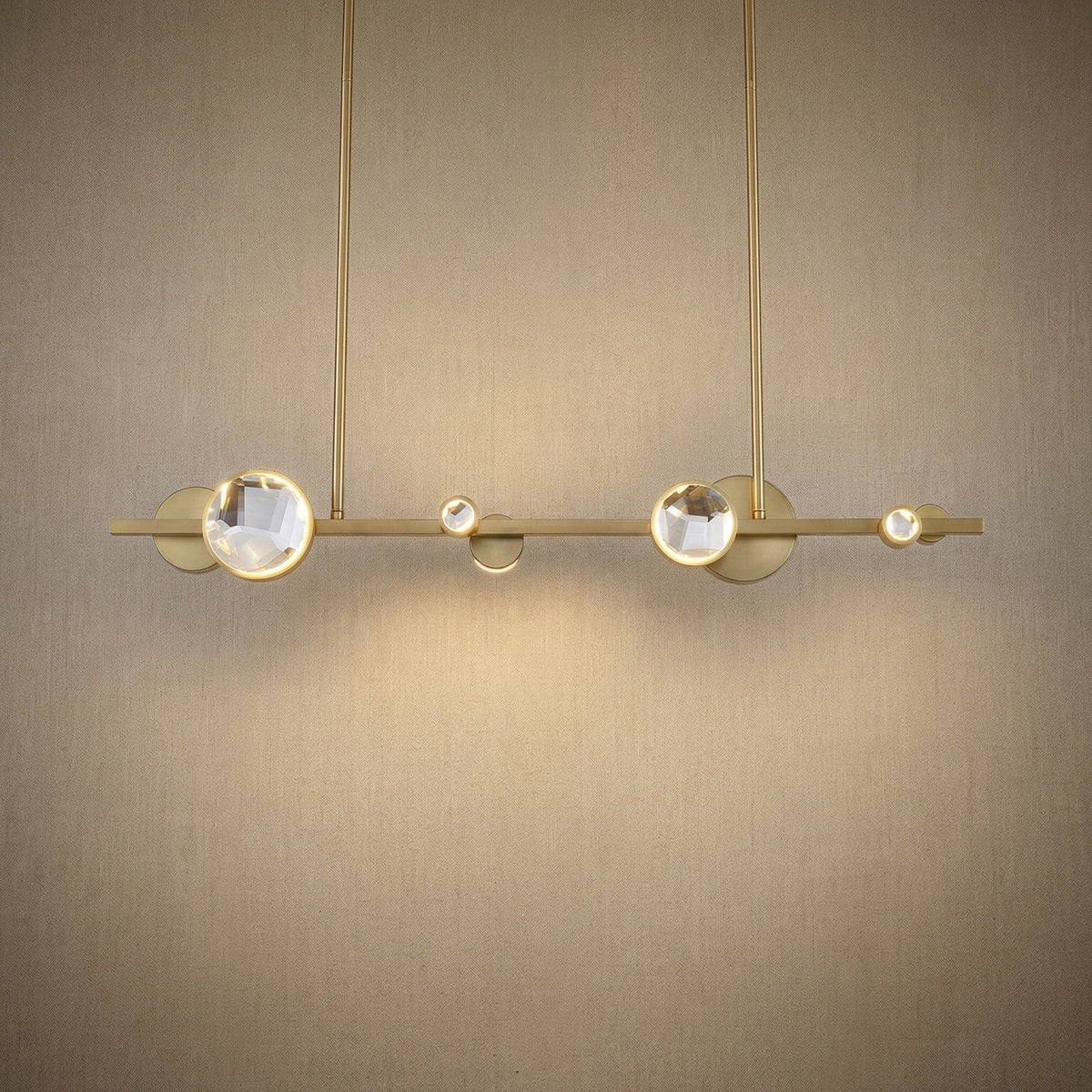 Modern dining room K9 crystal linear chandelier over long oak table — Yiosi Eclipse 47 inch pendant