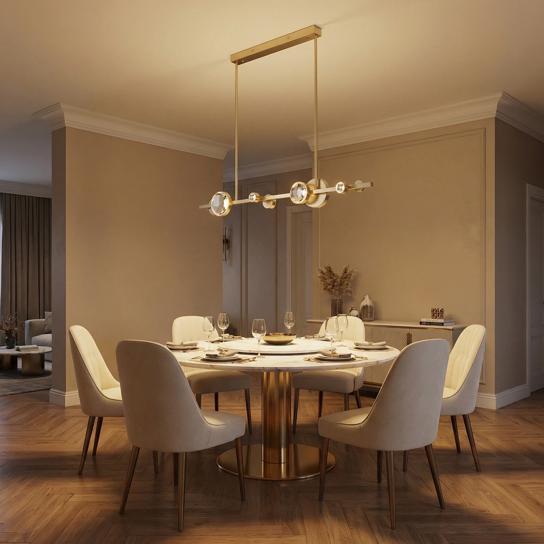 K9 crystal linear chandelier in luxury dining setting with warm evening glow — Yiosi Eclipse