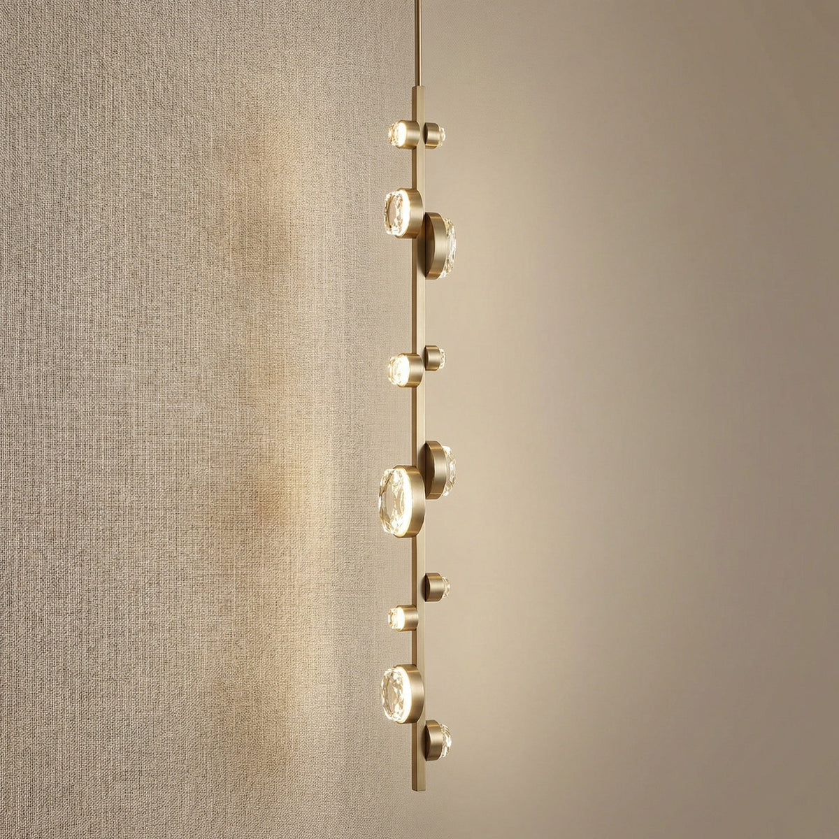 K9 crystal drops detail close-up — Yiosi Eclipse modern linear chandelier