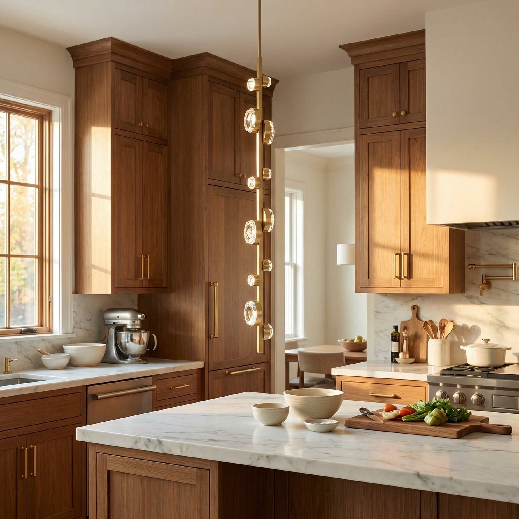 Eclipse crystal linear chandelier installation view in modern American dining room