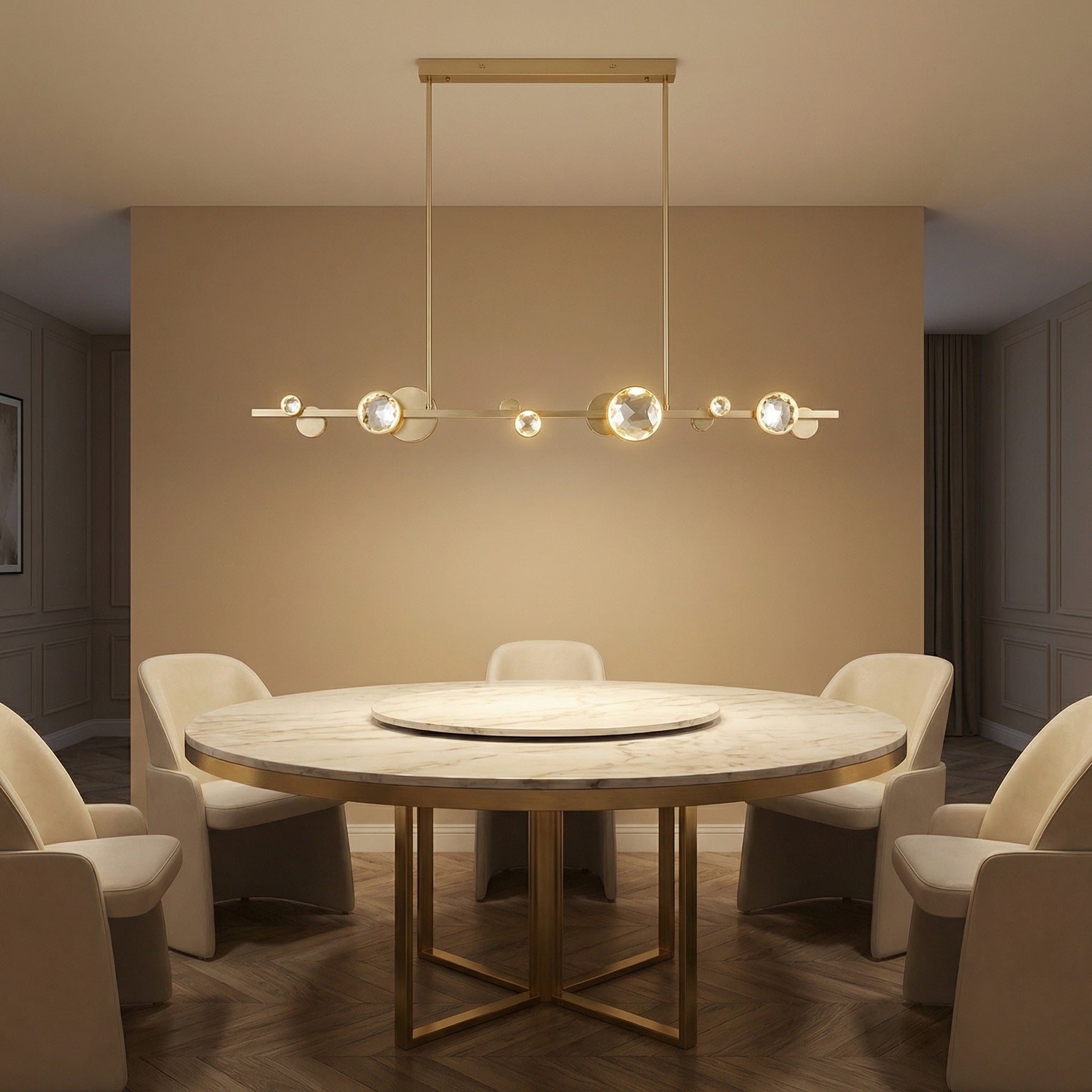 Yiosi Eclipse 63 inch crystal linear chandelier in modern American dining room