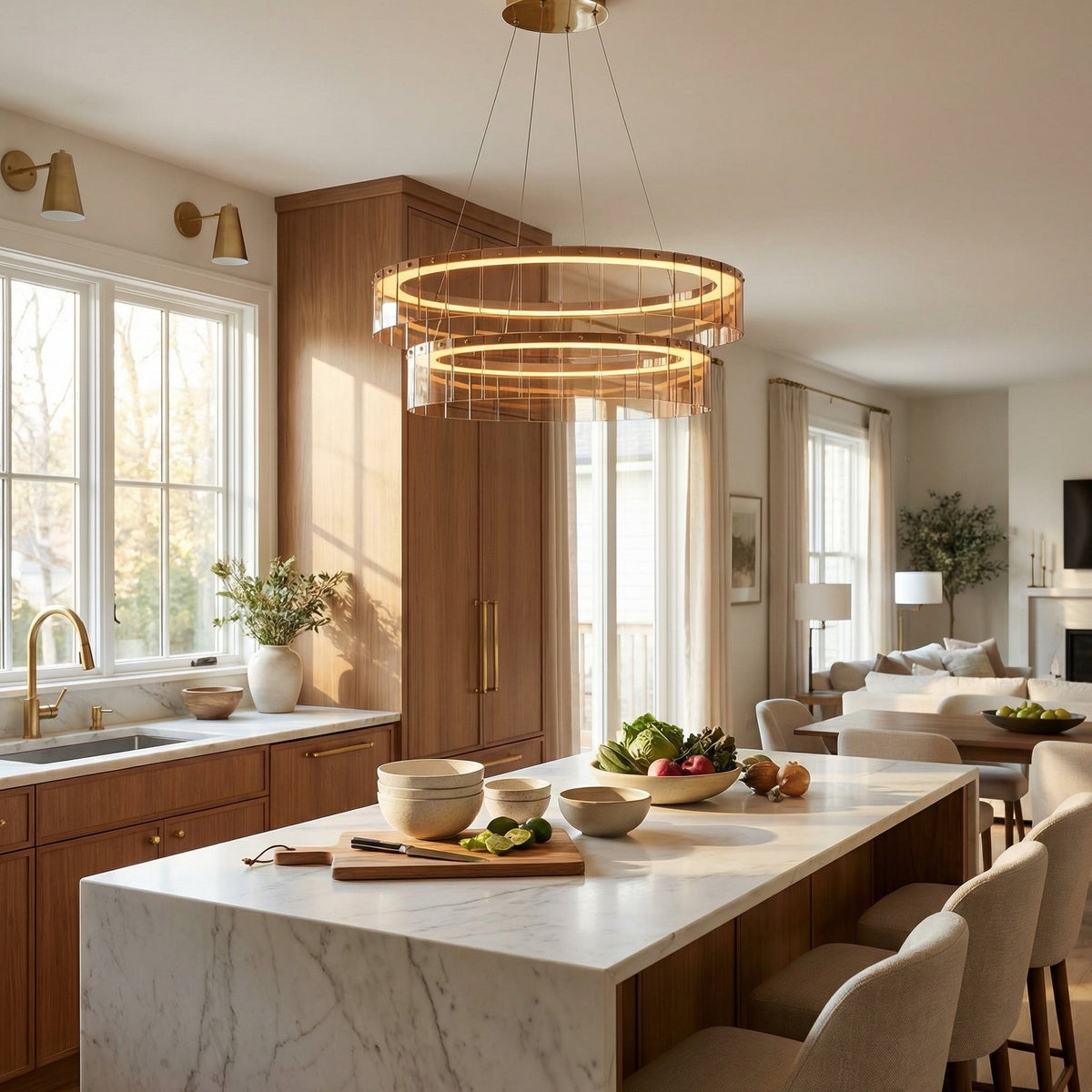 Close-up detail of oval handmade glass linear pendant with brass canopy — Yiosi Astor chandelier