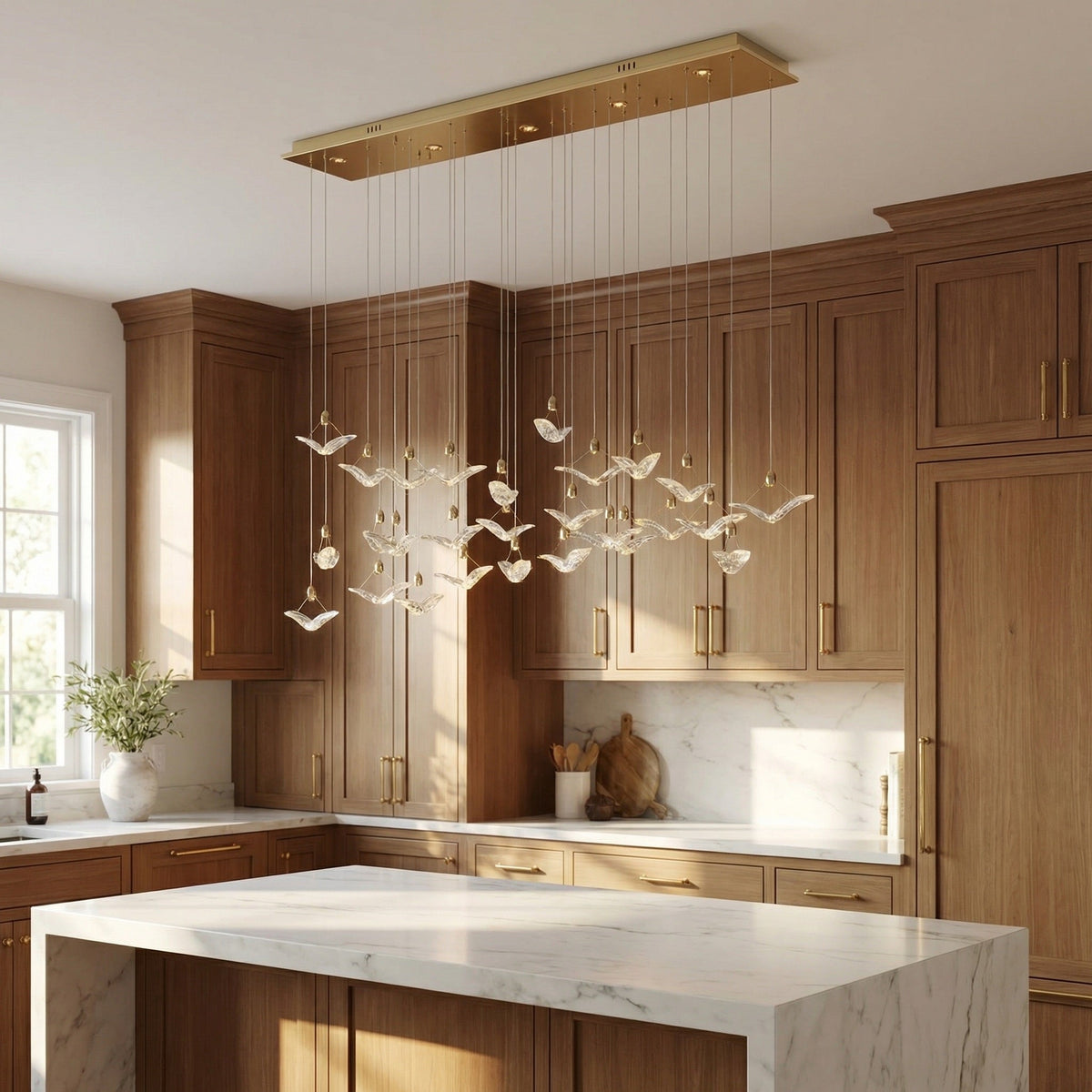 Close-up detail of handmade cascading glass drops with antique brass canopy — Yiosi Crane chandelier