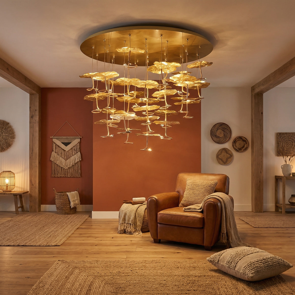 Yiosi Grand Copper Style A flush mount ceiling lamp in modern living room with terracotta wall and cognac leather chair