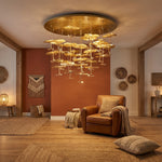 Yiosi Grand Copper Style A flush mount ceiling lamp in modern living room with terracotta wall and cognac leather chair
