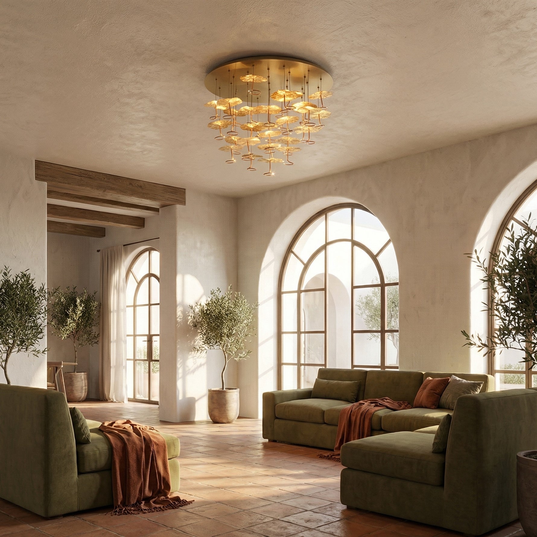 Yiosi Grand Copper Style A flush mount ceiling lamp in Mediterranean living room with arched windows and olive trees