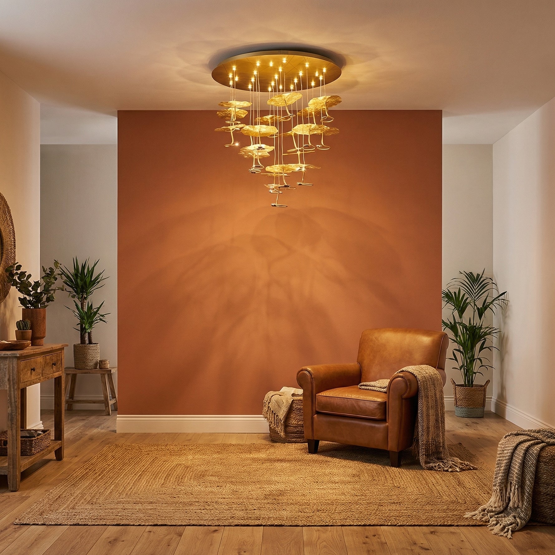 Grand Copper ceiling lamp in modern living room with terracotta wall — Yiosi Style B flush mount