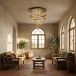 Grand Copper ceiling lamp in Mediterranean living room with arched windows and sectional sofa — Yiosi Style B