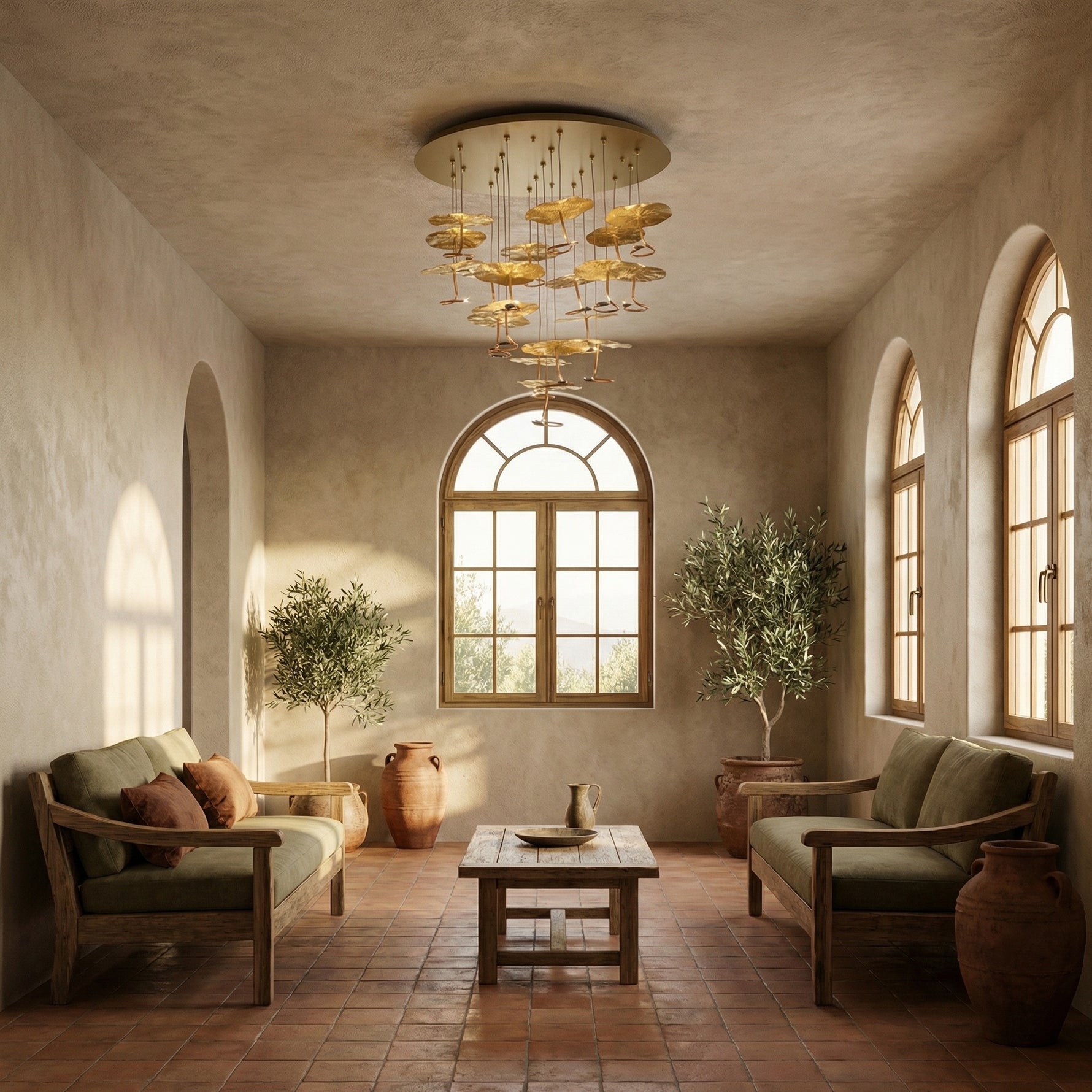 Grand Copper ceiling lamp in Mediterranean living room with arched windows and sectional sofa — Yiosi Style B