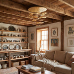 Grand Copper ceiling lamp in rustic living room with wood beam ceiling — Yiosi Style B flush mount