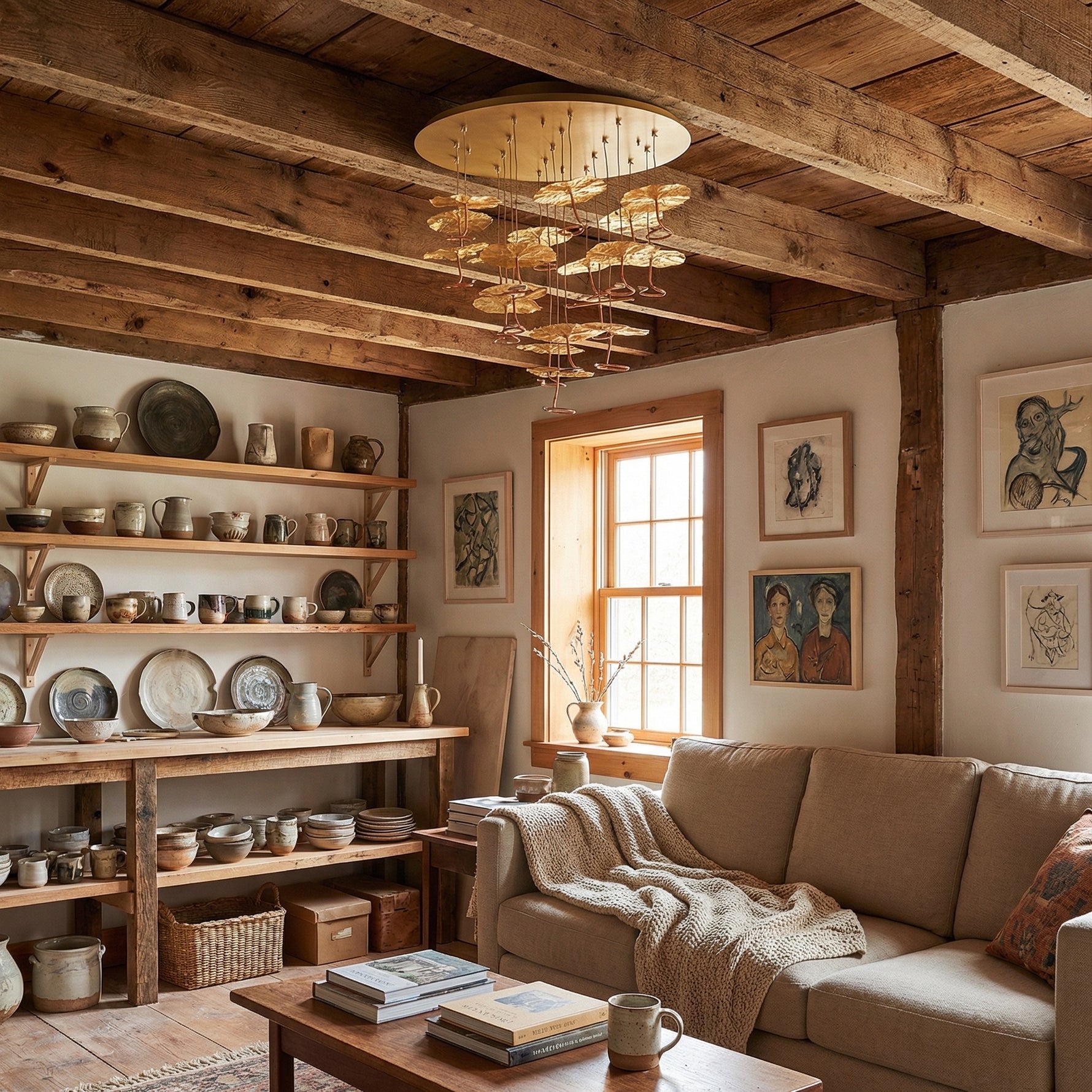 Grand Copper ceiling lamp in rustic living room with wood beam ceiling — Yiosi Style B flush mount