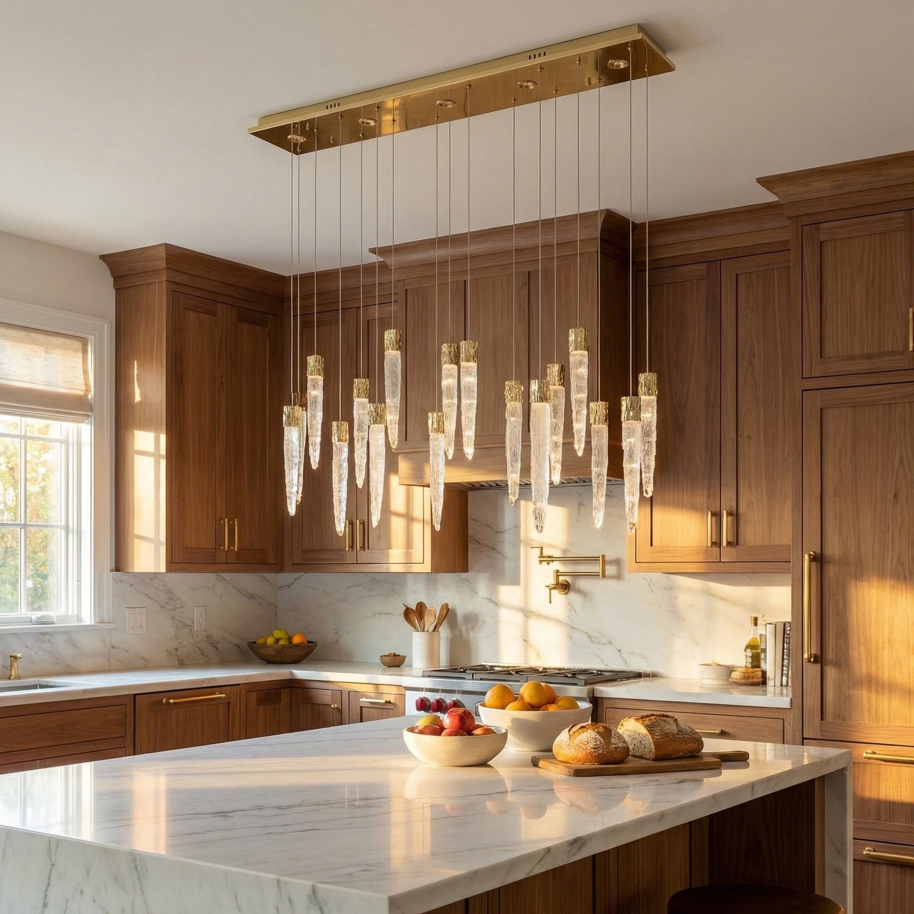 Close-up of K9 crystal icicle drops with brass canopy — Yiosi Halsey linear chandelier detail