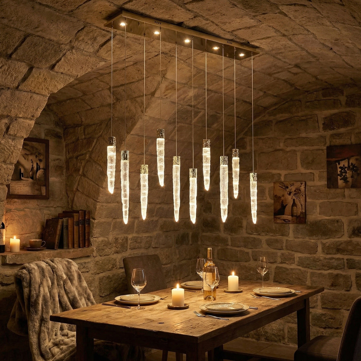 Yiosi Halsey 47 inch crystal linear chandelier in modern American dining room with warm ambient glow
