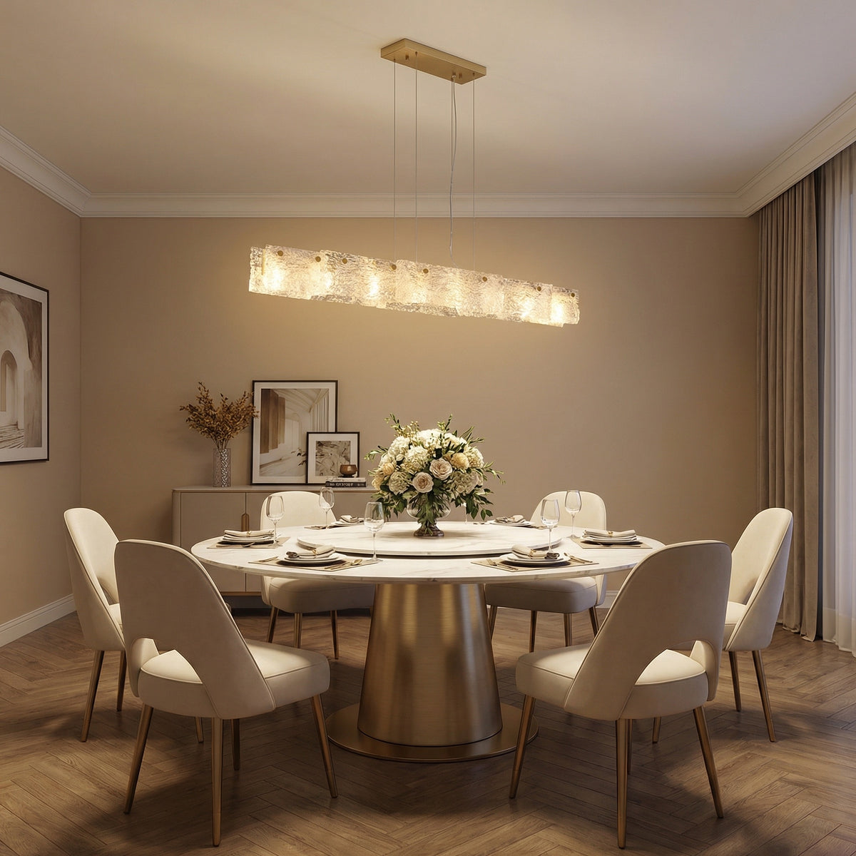 Modern dining room 63 inch linear glass chandelier over round table — Yiosi handmade textured glass pendant