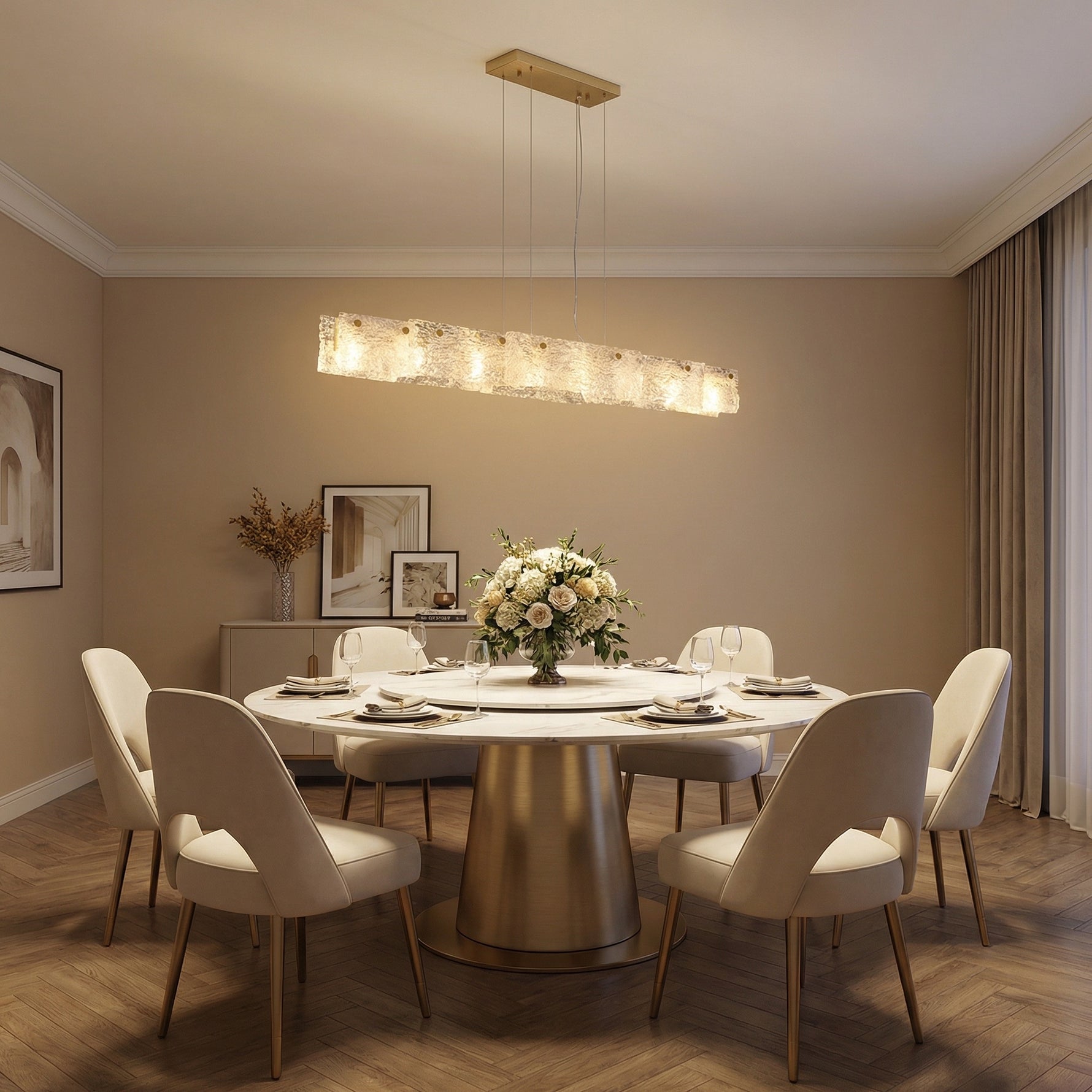 Modern dining room 63 inch linear glass chandelier over round table — Yiosi handmade textured glass pendant