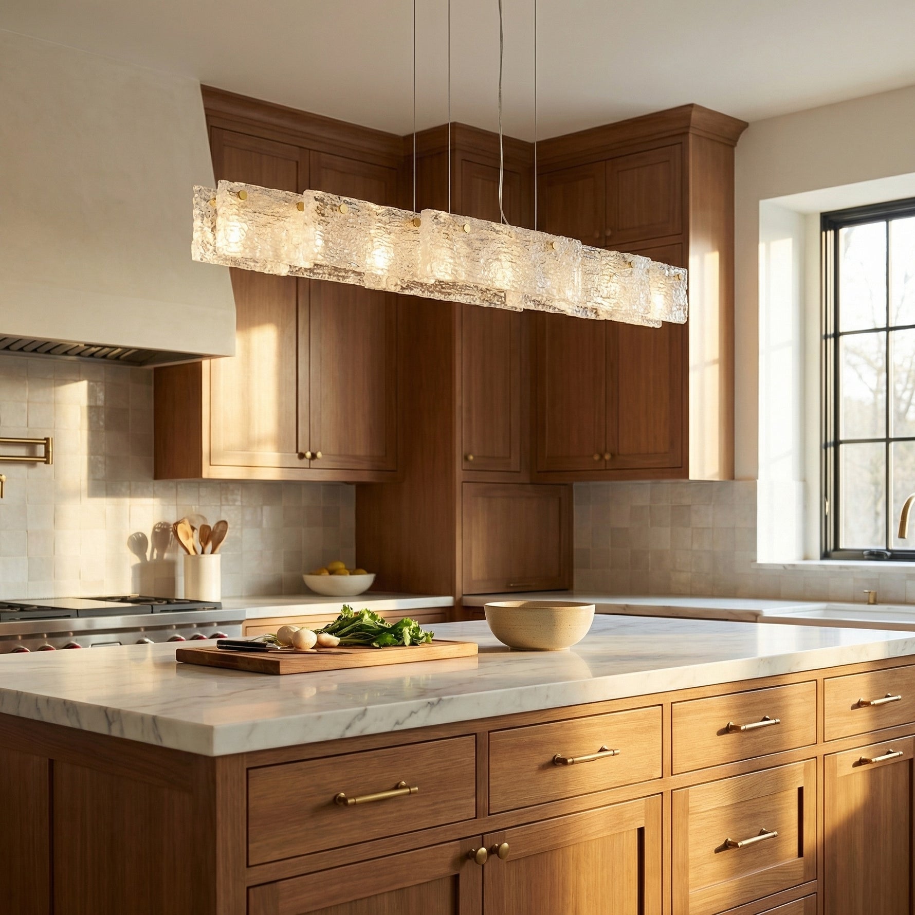 Linear glass chandelier over kitchen island marble countertop with walnut cabinetry — Yiosi 63 inch champagne gold pendant