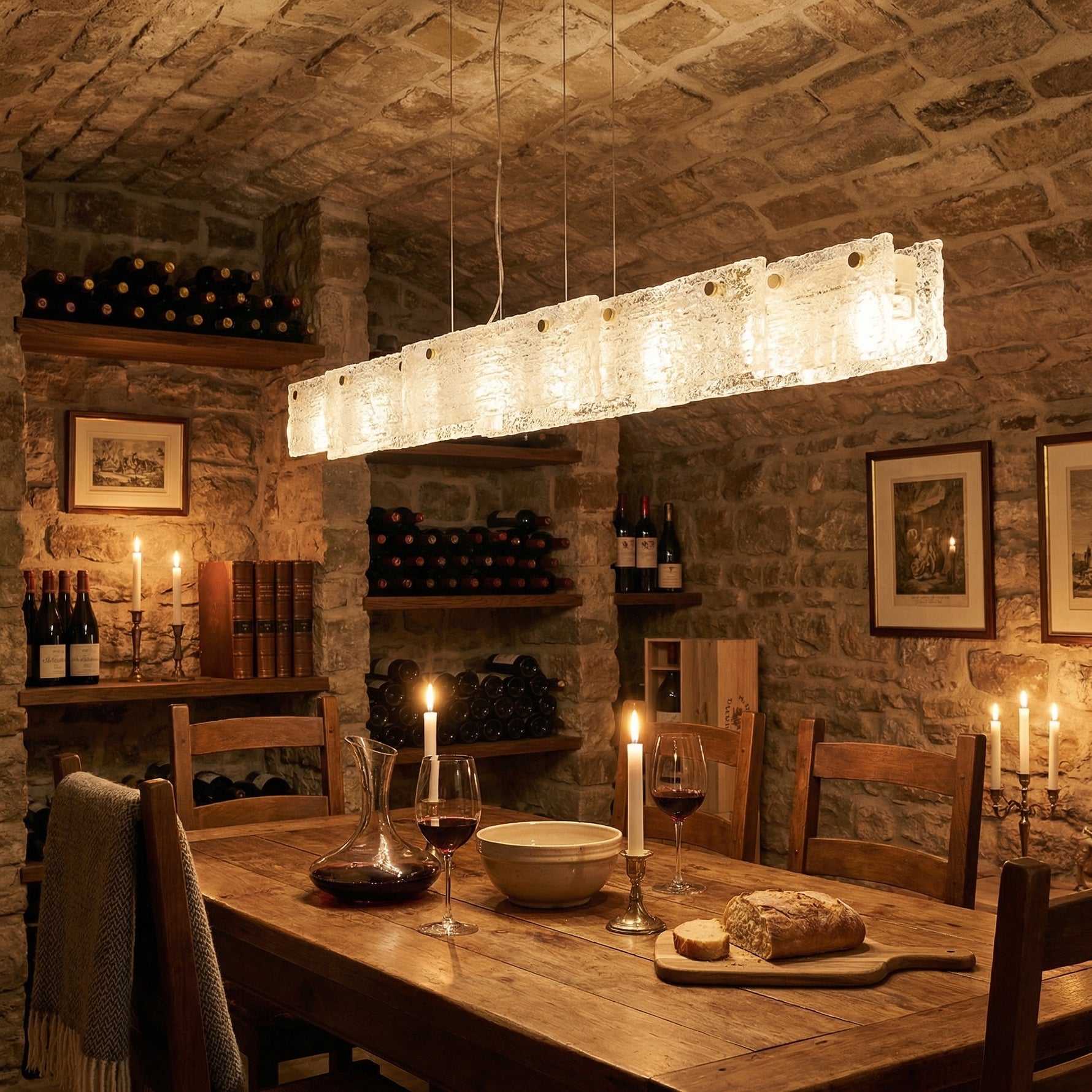 Yiosi 63 inch linear glass chandelier in rustic wine cellar dining setting with warm candlelight glow