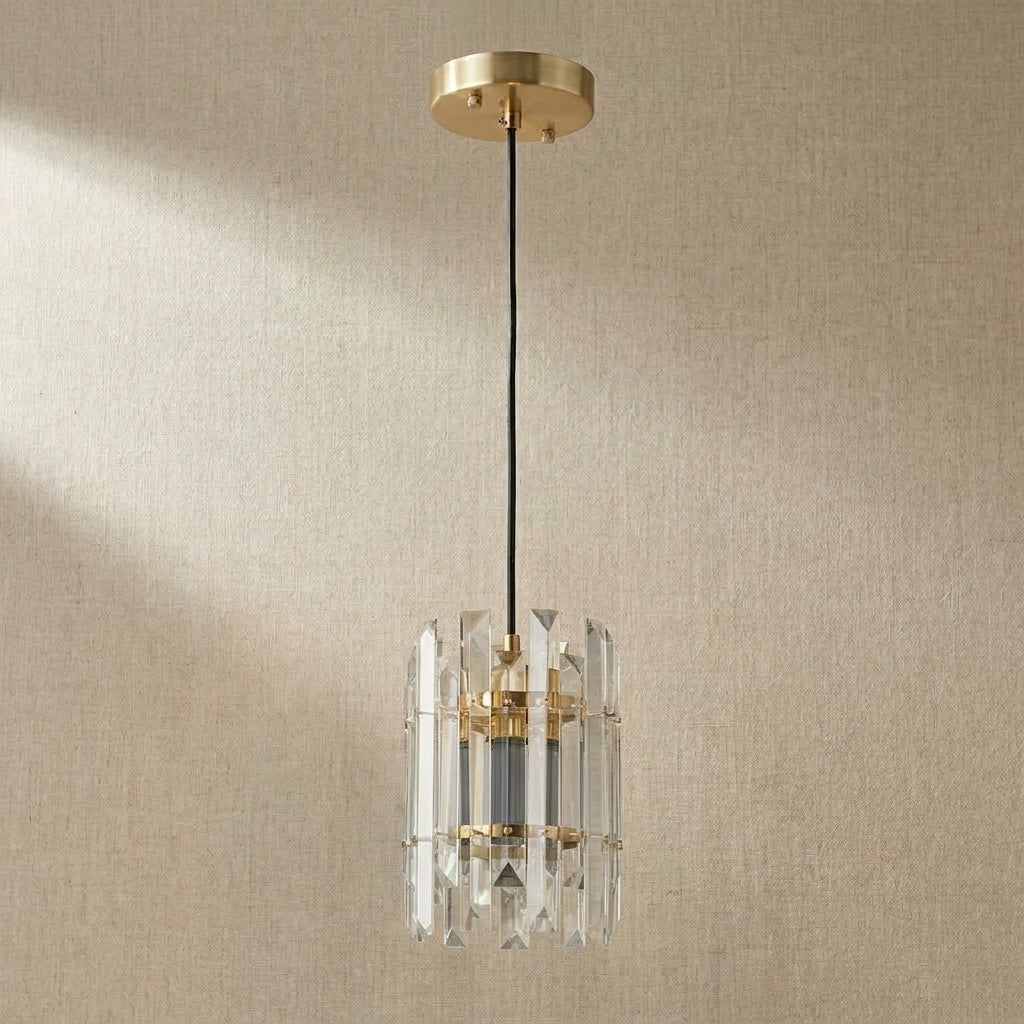 Yiosi Mini crystal pendant chandelier unlit detail view — two-tier faceted crystal cluster with brushed champagne gold canopy
