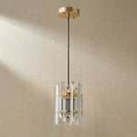 Yiosi Mini crystal pendant chandelier unlit detail view — two-tier faceted crystal cluster with brushed champagne gold canopy
