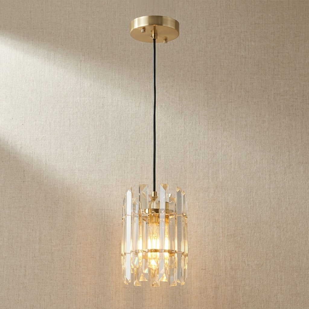 Yiosi Mini crystal pendant chandelier with brushed champagne gold canopy — two-tier faceted crystal cluster modern pendant light