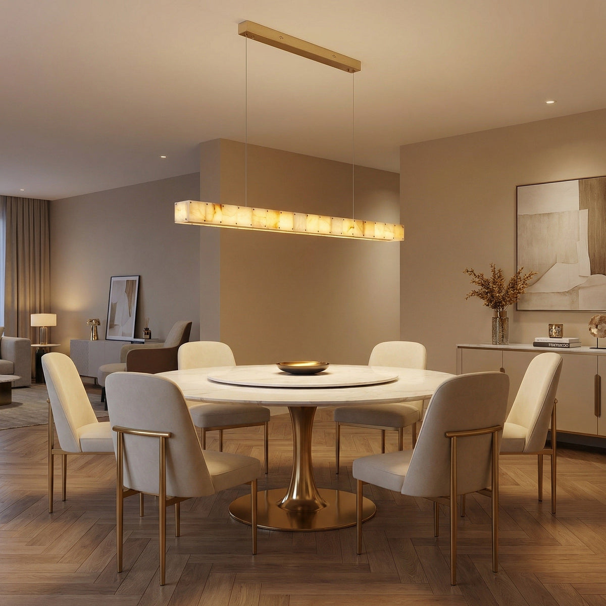 48 inch alabaster linear pendant over kitchen island marble countertop — Yiosi Madison alabaster chandelier