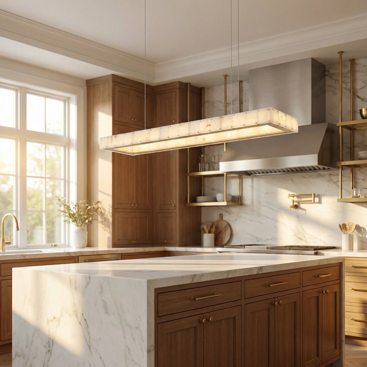 Close-up of 48 inch alabaster panels on linear ring chandelier with champagne gold — Yiosi Madison detail