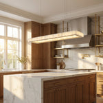 Close-up of 48 inch alabaster panels on linear ring chandelier with champagne gold — Yiosi Madison detail