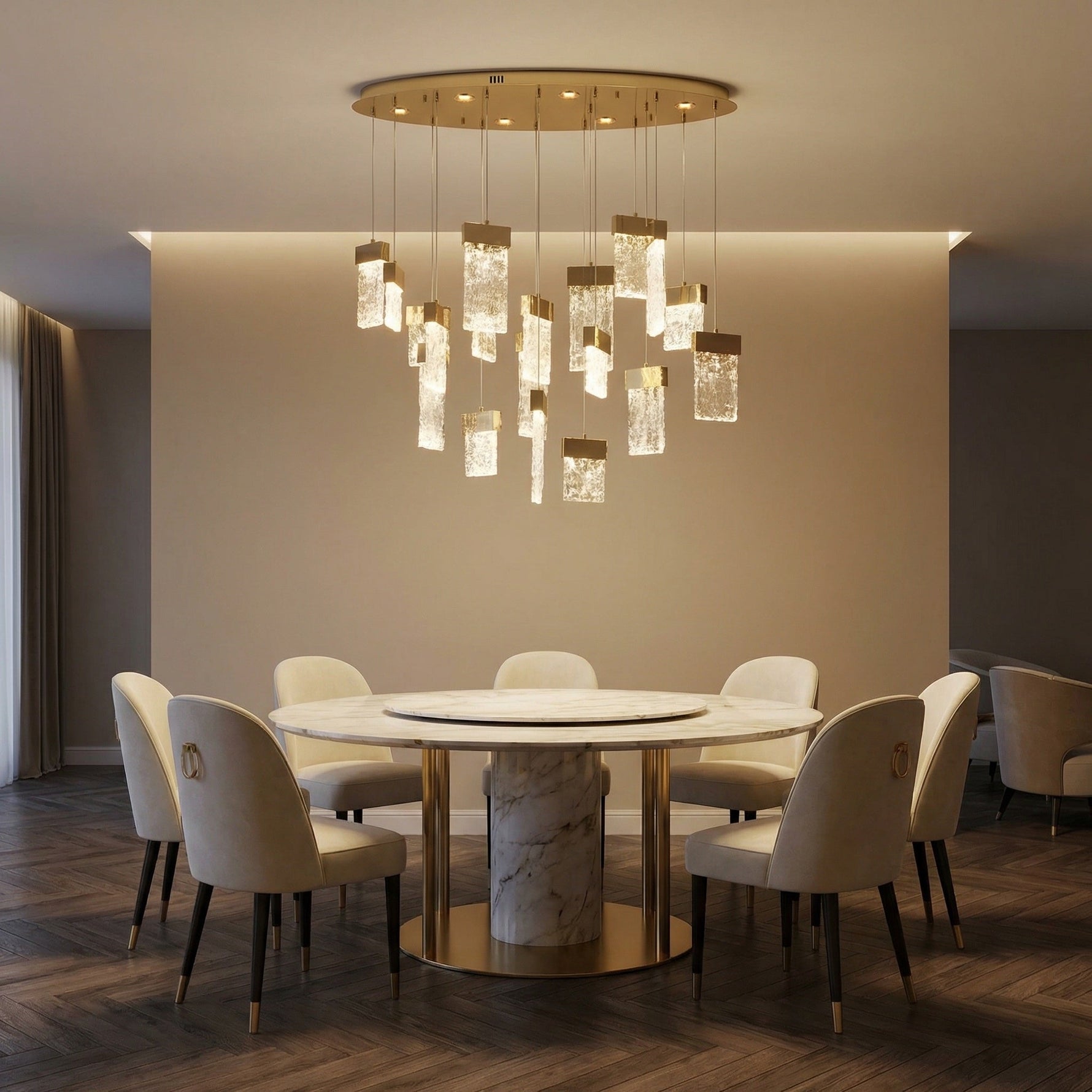 Modern dining room 39 inch oval fluted glass chandelier over long table — Yiosi Knox champagne gold