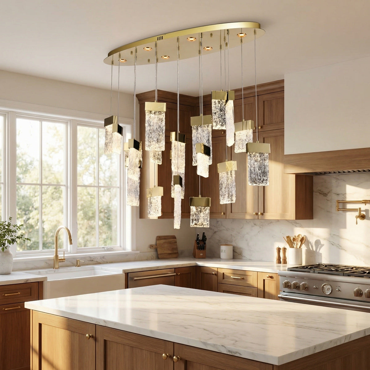 39 inch oval fluted glass pendant over kitchen island marble countertop — Yiosi Knox chandelier
