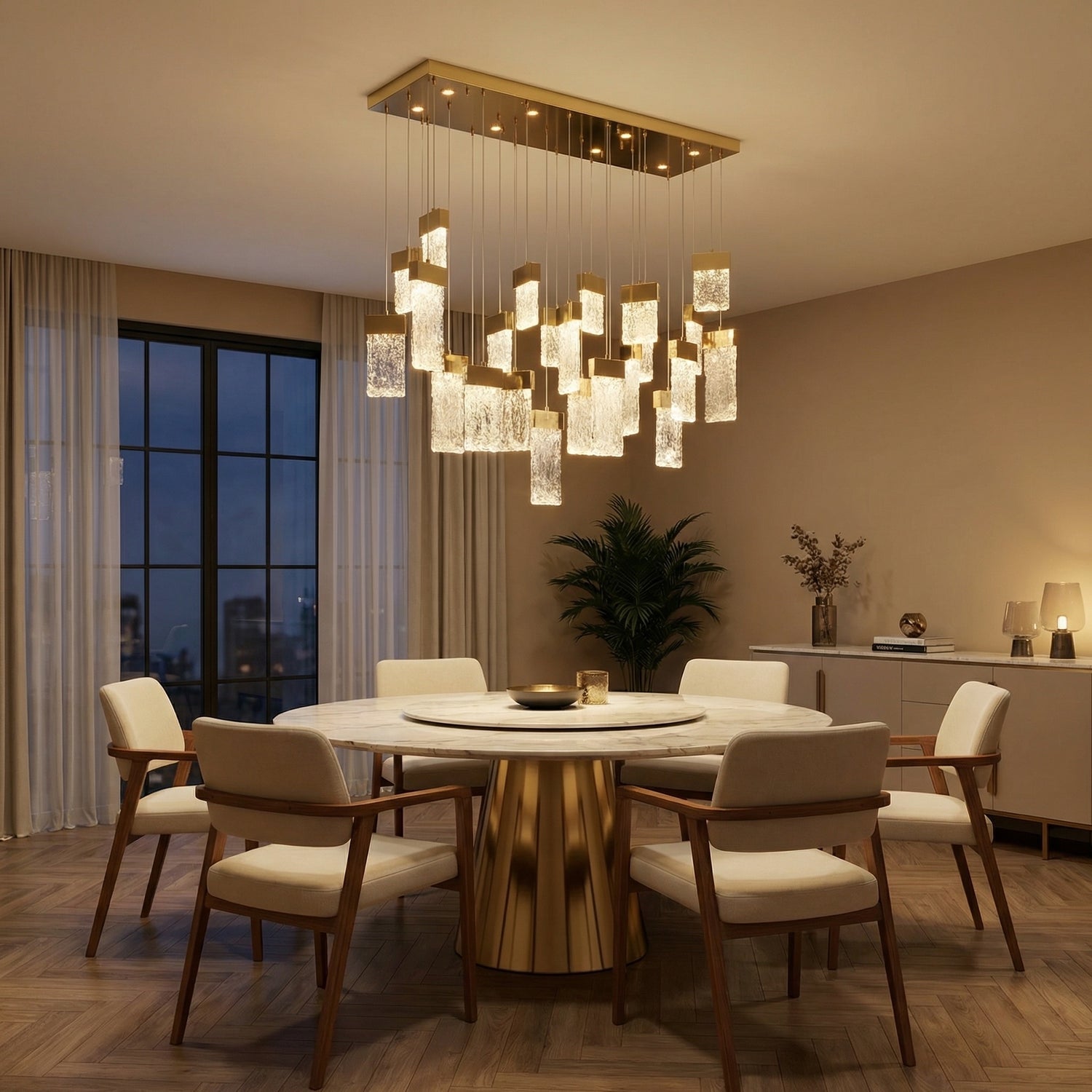 Modern dining room 47 inch linear fluted glass chandelier over long table — Yiosi Knox champagne gold
