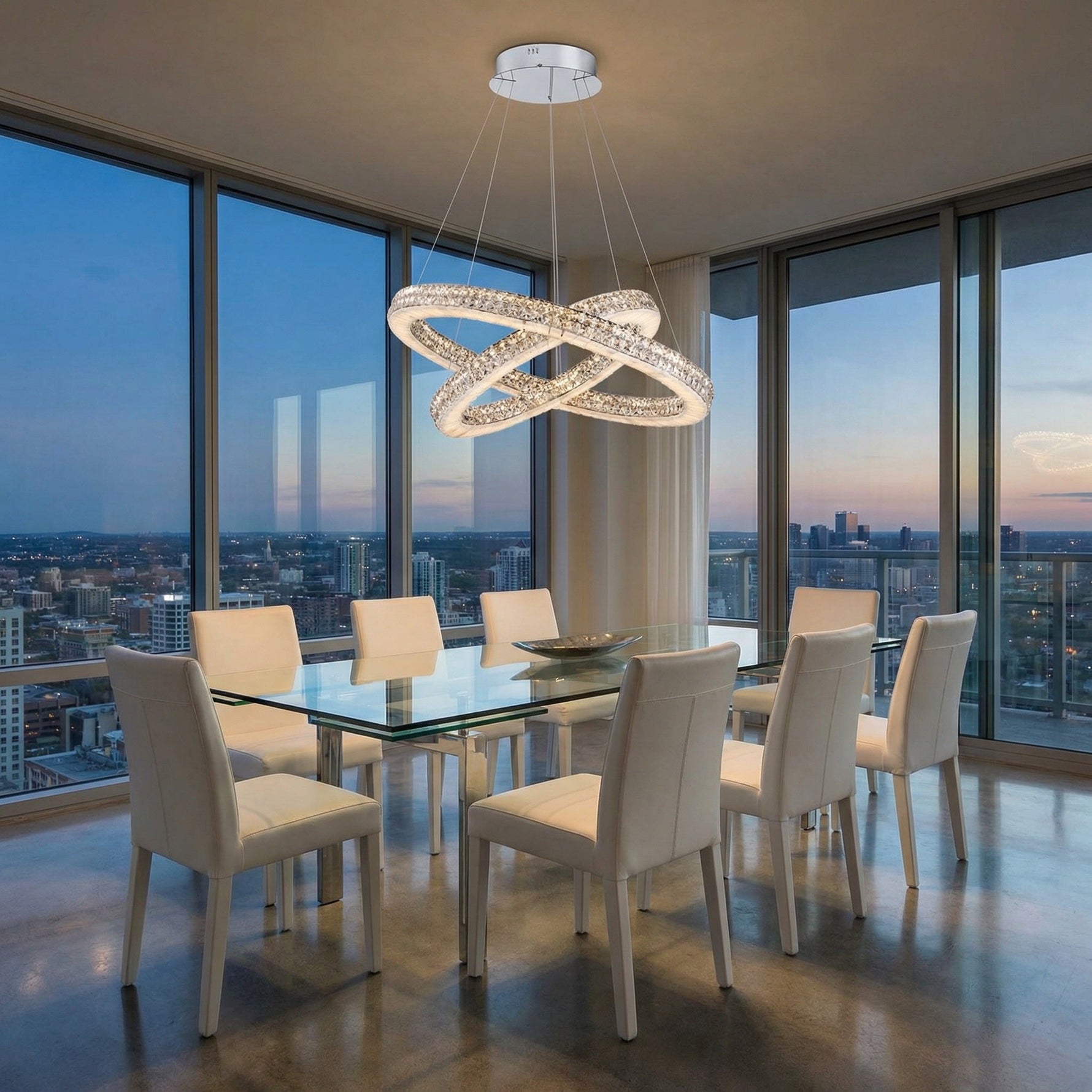 2-tier crystal pendant in modern living room — Yiosi Vera nested chandelier