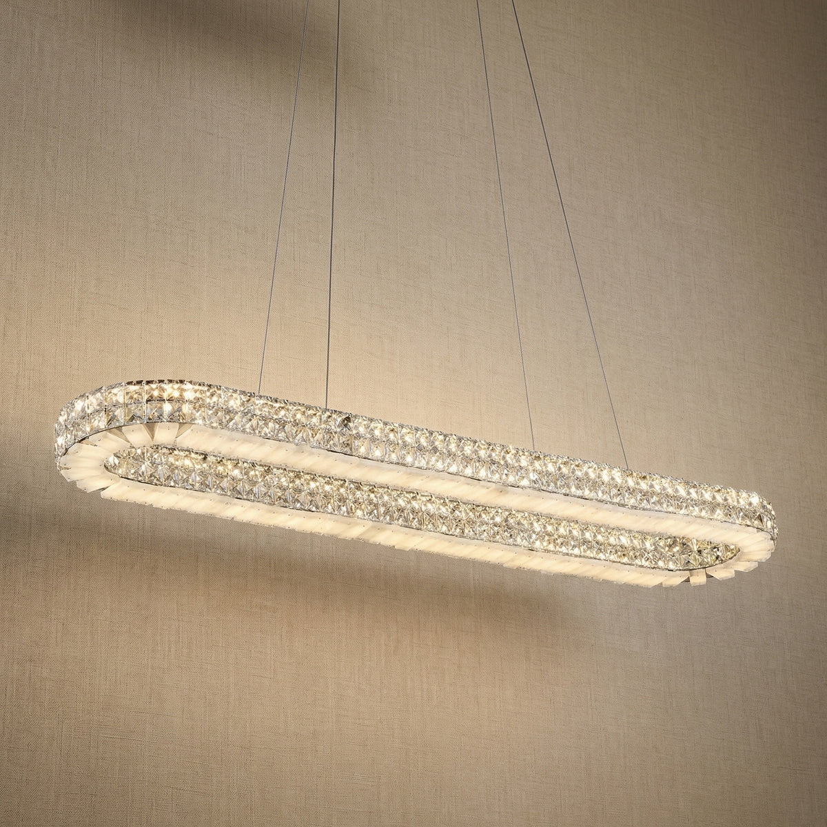 Yiosi Vera 47 inch oval crystal & alabaster chandelier with chrome finish — modern dining pendant